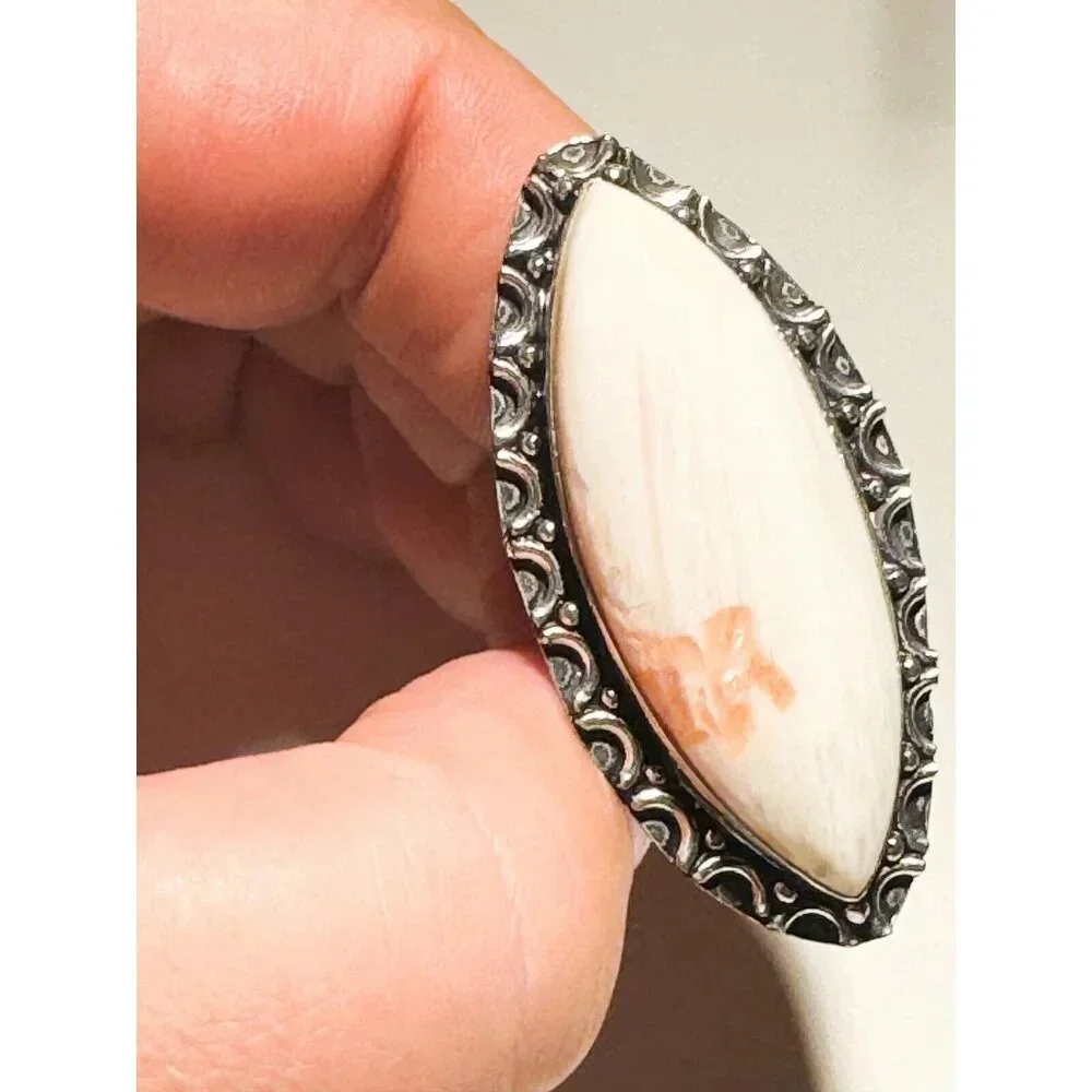 Scolecite Oval White Stone Silver Statement ring 8